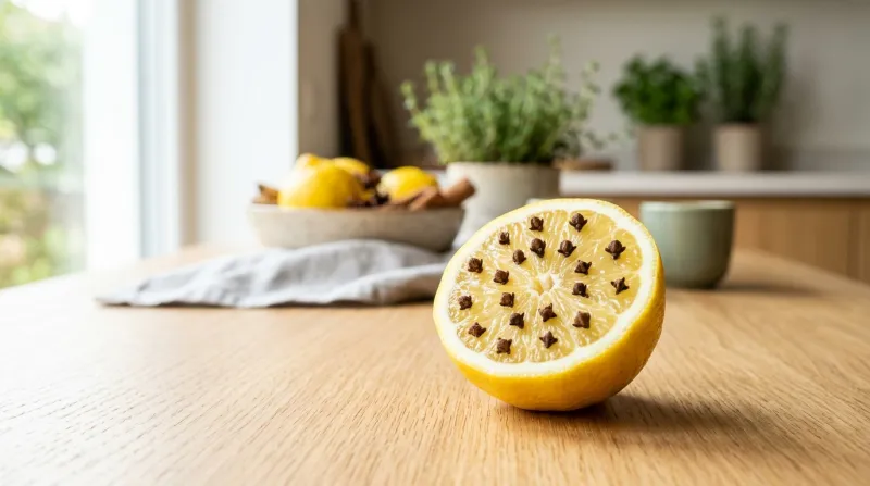 demi-citron piqué de clous de girofle posé sur une table 