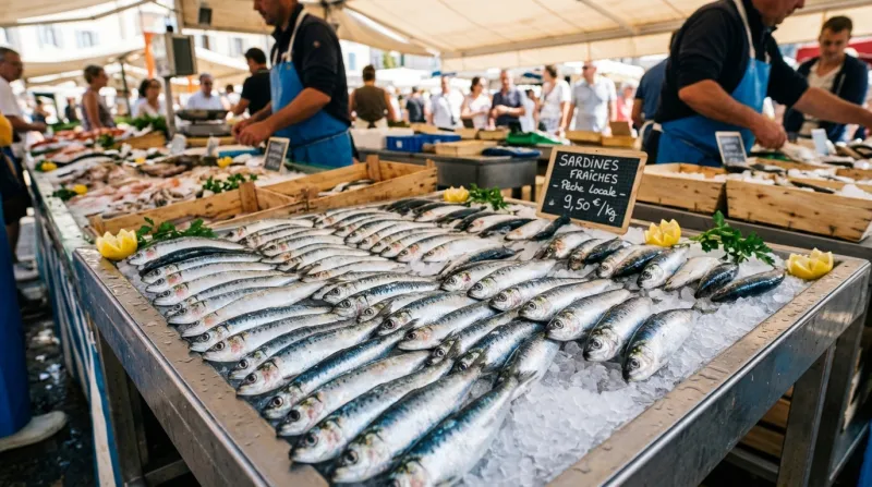  sardines fraîches et entières présentées sur un étal