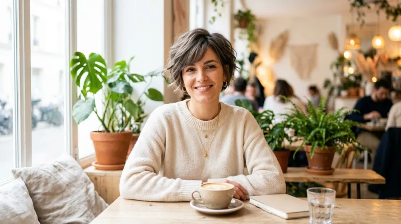  femme avec une coupe de cheveux Bixie 