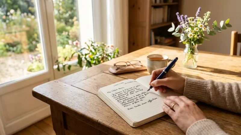  main écrivant une lettre de gratitude dans un carnet 
