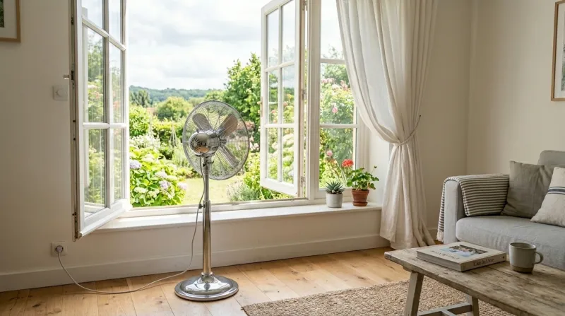 ventilateur placé devant une fenêtre ouverte
