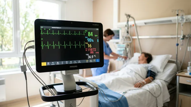 Une photo d'un moniteur médical moderne affichant un tracé de rythme cardiaque dans une pièce lumine