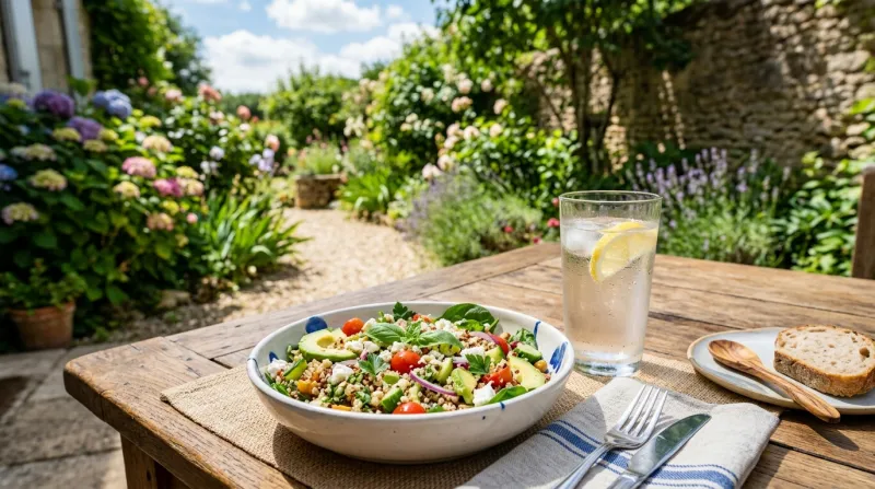 repas léger et coloré avec un verre d'eau fraîche