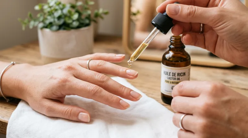 main soignée recevant une goutte d'huile de ricin sur l'ongle