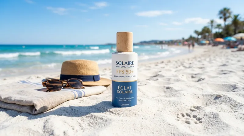 flacon de crème solaire posé sur du sable