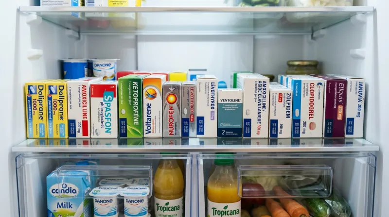 médicaments rangées sur l'étagère d'un réfrigérateur