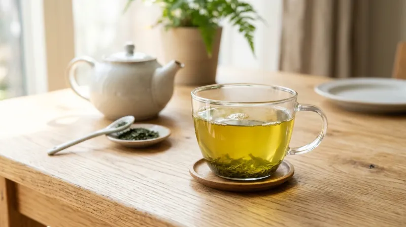  tasse de thé vert posée sur une table en bois clair
