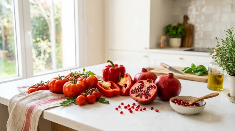  des tomates, des poivrons rouges et des grenades