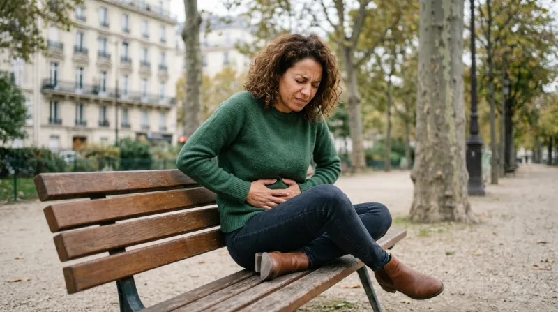 femme assise qui a mal au ventre