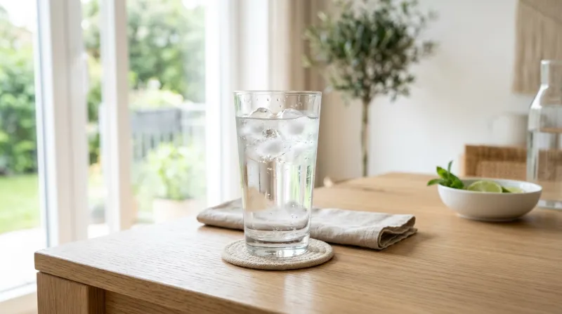  grand verre d'eau fraîche posé sur une table