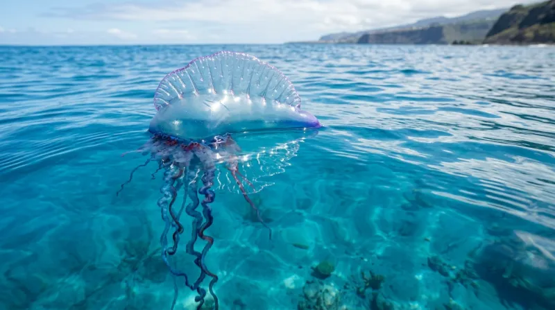  physalie flottant à la surface d'une eau bleue