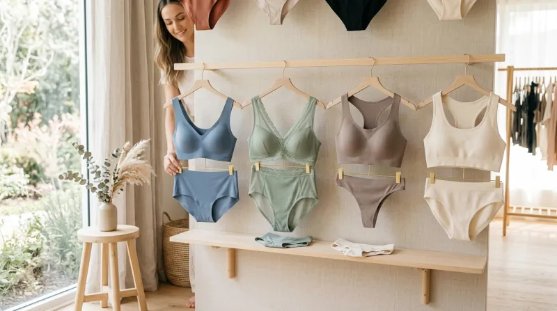 Une photo de sous-vêtements modernes en matières synthétiques présentés dans une ambiance claire et 