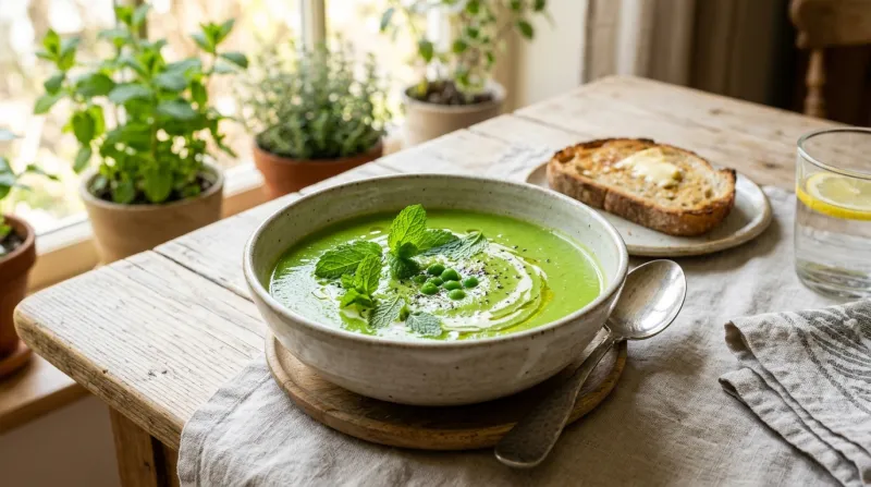 soupe de petits pois avec des feuilles de menthe fraîche 