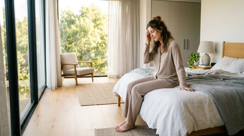 personne assise au bord de son lit dans une chambre