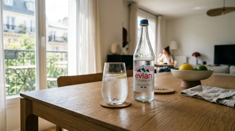 verre d'eau minérale et d'une bouteille d'eau sur une table
