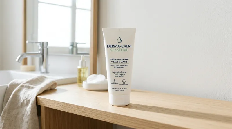 Une photo d'un tube de crème dermatologique dans un environnement lumineux et épuré
