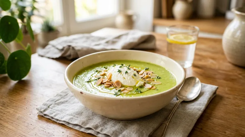 bol de velouté de courgette garni d'une touche de ricotta et d'amandes