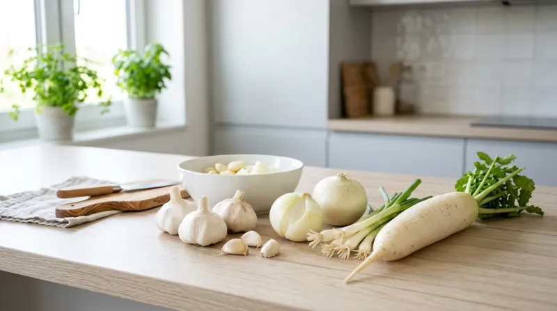 assortiment de légumes blancs comme de l'ail et des oignons
