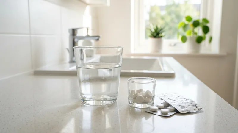  comprimés et un verre d'eau 