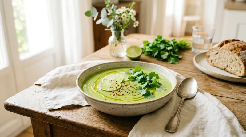 bol de velouté à l'avocat décoré de rondelles de citron vert 