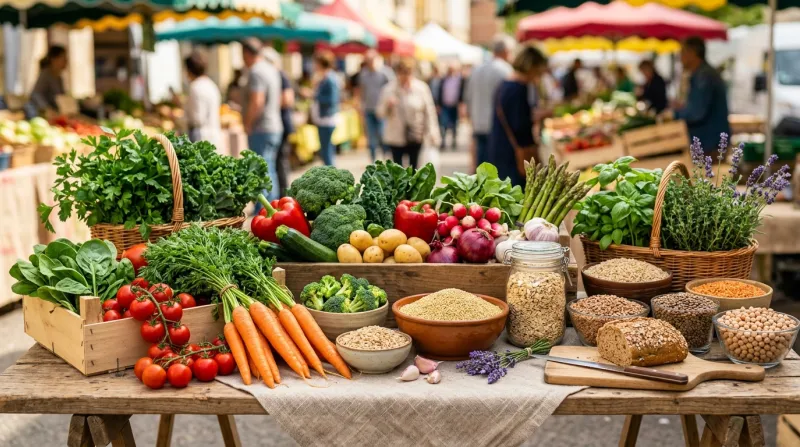  assortiment de légumes frais et de céréales complètes