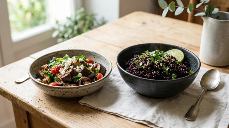 riz noir et d'aubergines violettes dans des bols