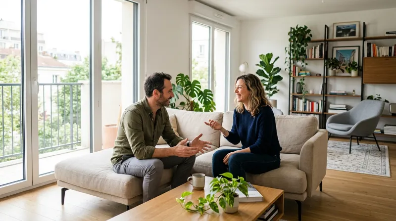  deux personnes en pleine discussion dans un salon 