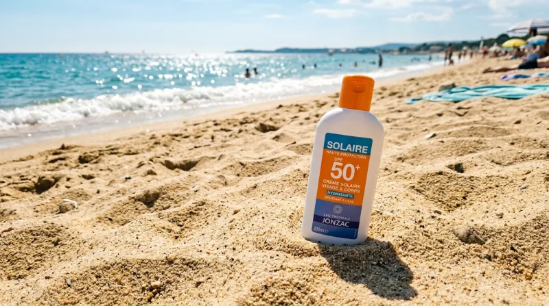 flacon de crème solaire posé sur du sable