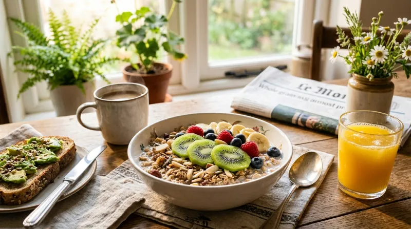 bol de céréales complètes avec des tranches de kiwi et des fruits frais