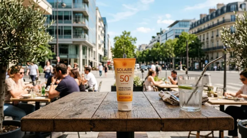  tube de crème solaire posé sur une table en terrasse 