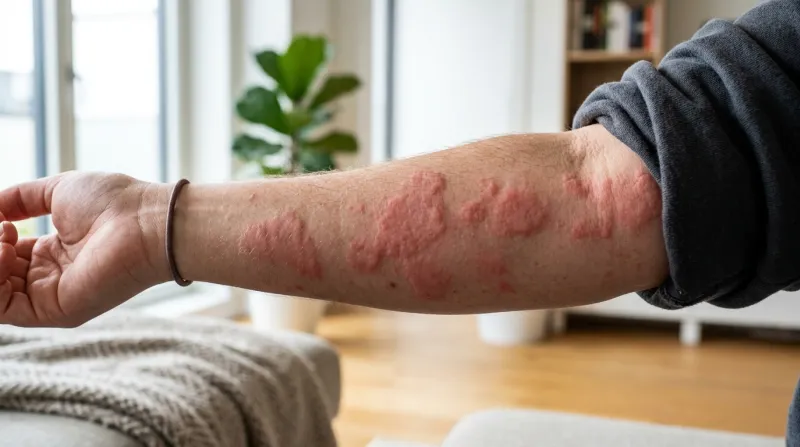 plaques rouges d'urticaire sur la peau d'un bras