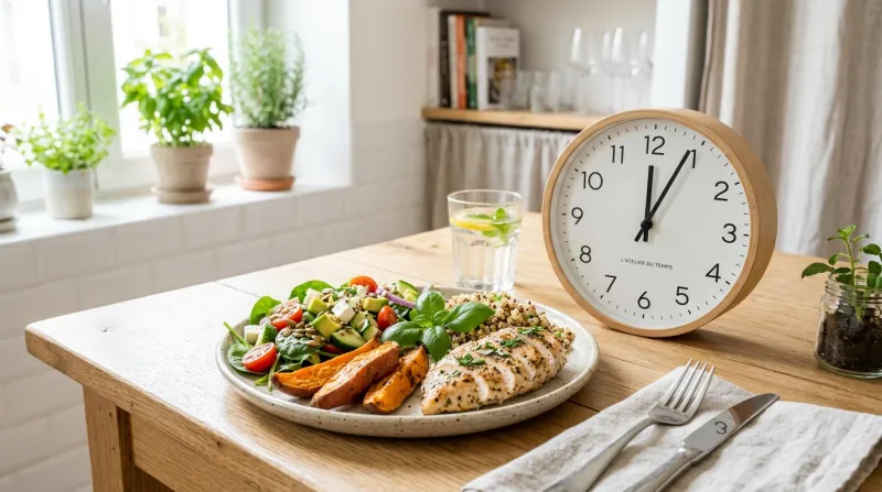assiette équilibrée posée à côté d'une horloge 