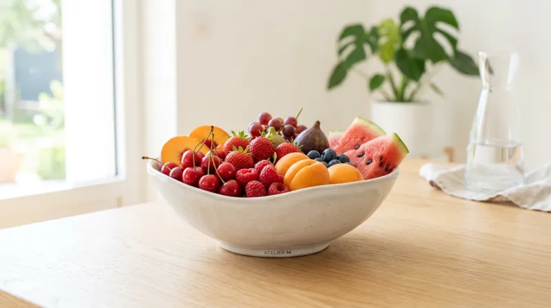 Une photo lumineuse et épurée de fruits frais de saison présentés dans un bol contemporain