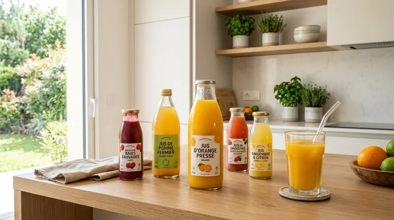 Une photo lumineuse et contemporaine de différentes bouteilles de jus de fruits et d'un verre de jus