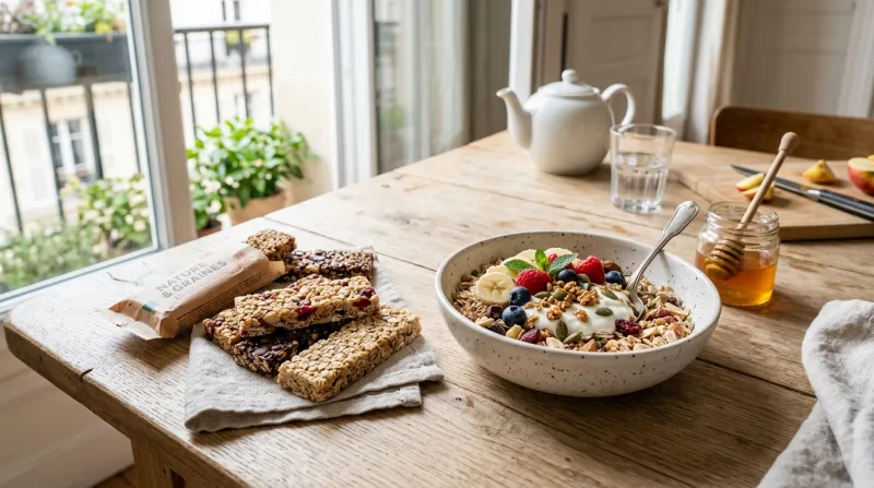 Une photo lumineuse et contemporaine de barres de céréales et d'un bol de muesli disposés sur une ta