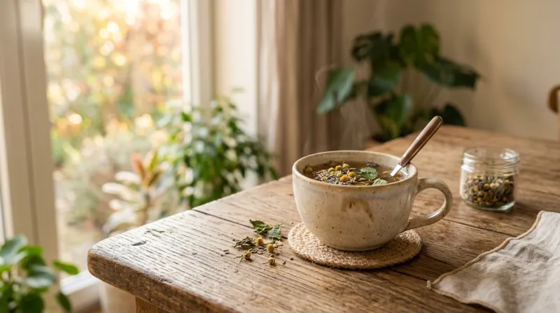 tasse d'infusion aux herbes posée sur une table