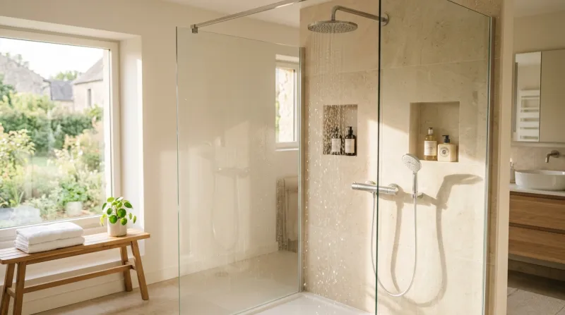  douche moderne avec de l'eau tiède qui coule 