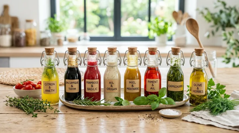 Une photo lumineuse d'un assortiment de vinaigrettes et sauces dans des petites bouteilles en verre 