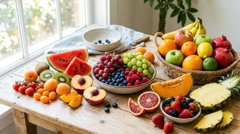 Une photo d'une sélection de fruits frais et colorés disposés sur une table lumineuse