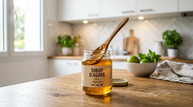 Une photo lumineuse d'un pot en verre contenant du sirop d'agave doré avec une cuillère en bois, dan