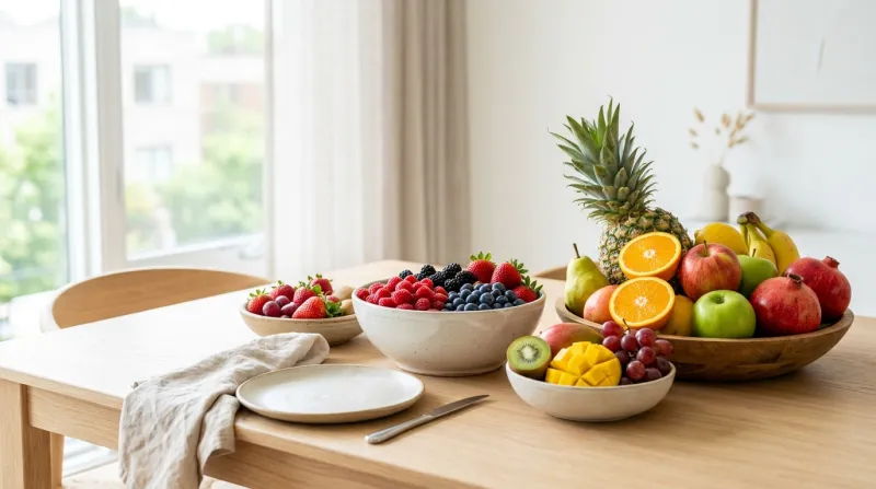 Une photo lumineuse et moderne d'une sélection de fruits frais disposés sur une table claire