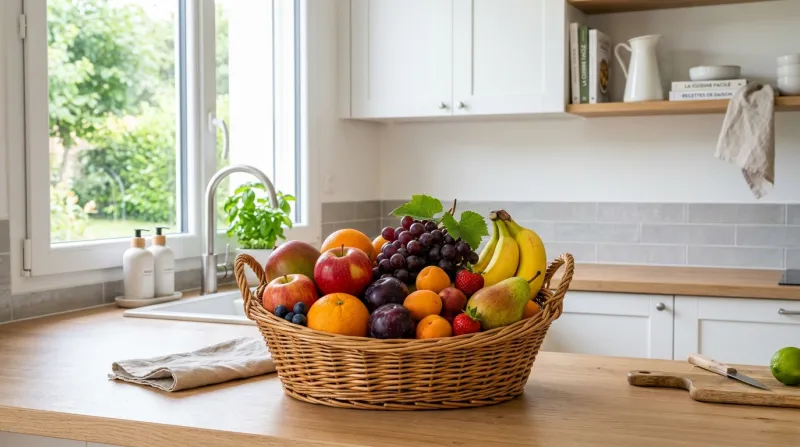 Une photo d'une corbeille de fruits frais et colorés dans une cuisine lumineuse et épurée