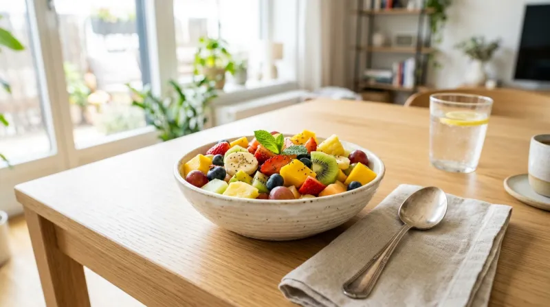 Une photo lumineuse d'un bol de salade de fruits frais sur une table contemporaine