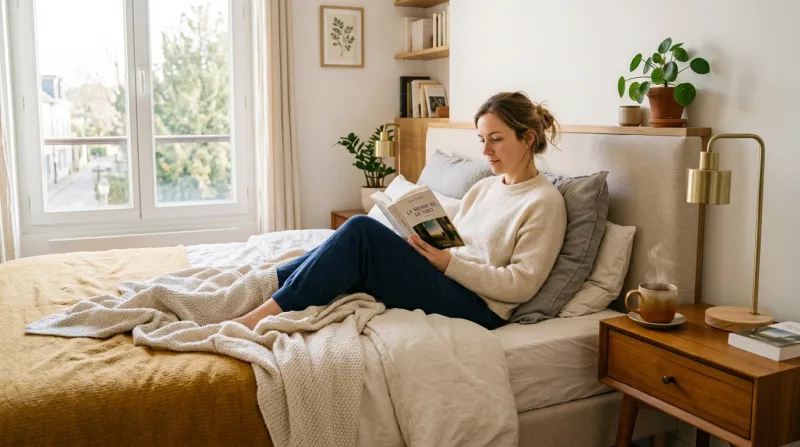 personne lisant un livre dans une chambre