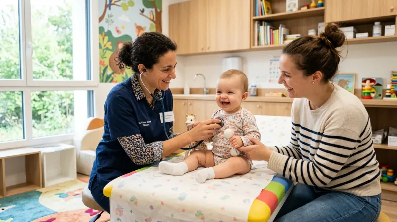 Un pédiatre souriant examine un bébé dans un cabinet lumineux et accueillant