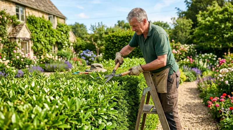 Un jardinier taille soigneusement une haie verdoyante.