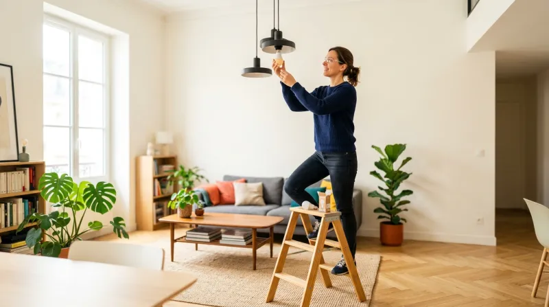 Personne changeant une ampoule sur un escabeau dans un intérieur moderne.