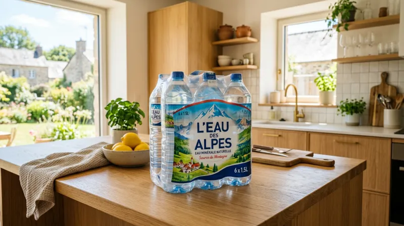 Pack d'eau minérale dans une cuisine lumineuse et moderne.