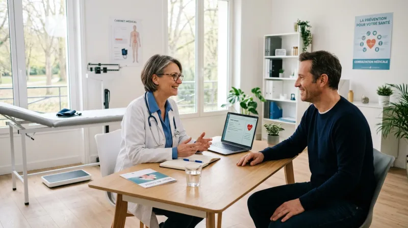 Un médecin bienveillant consulte un adulte dans un cabinet lumineux.