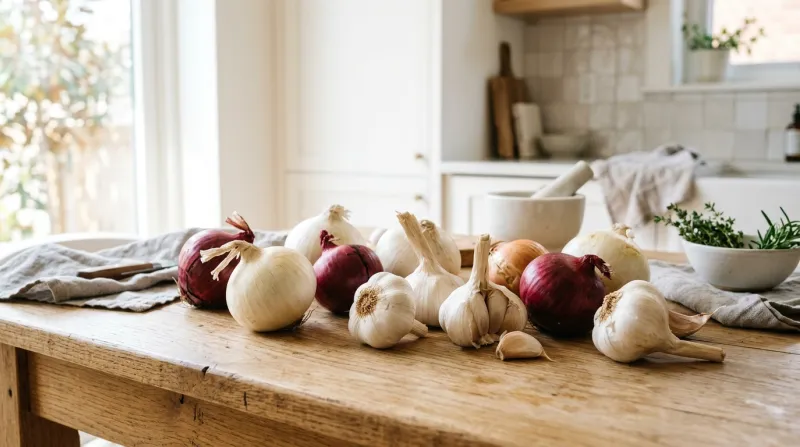 Oignons et têtes d'ail frais sur une table en bois clair